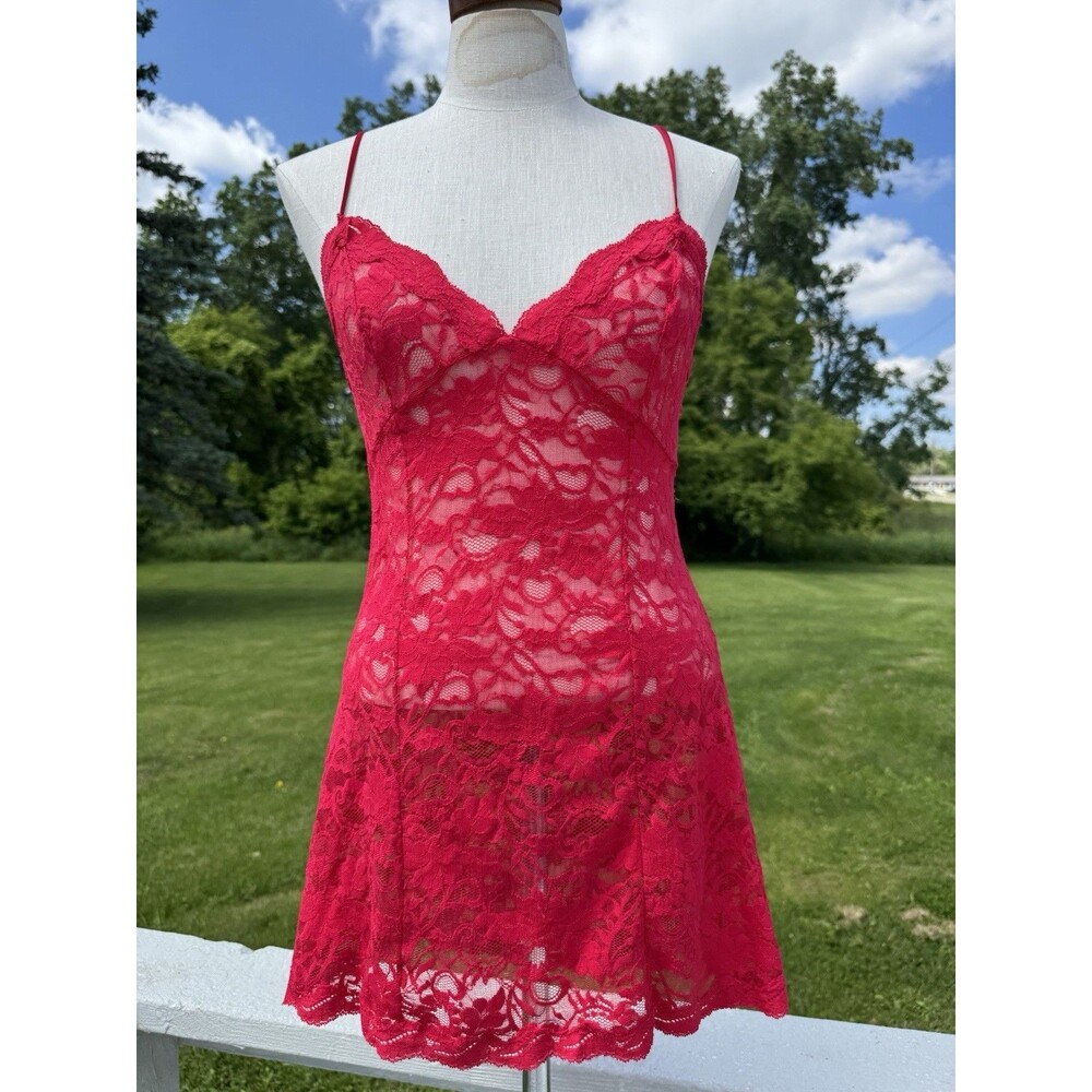 Vintage Victoria's Secret Red Lace V-Neck Mini Slip Dress Sexy XS